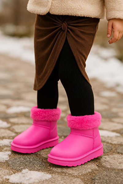 Tonny Black Girl's Fuchsia Fur Inside Warm Lined Children's Pvc Boots