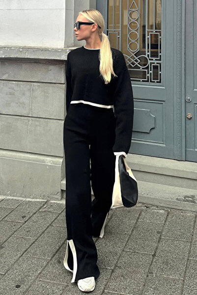 LİMABEL Μαύρο και άσπρο ριγέ άνοιγμα πλεκτό Crop-Pants Γυναικείο πλεκτό σετ κάτω-πάνω