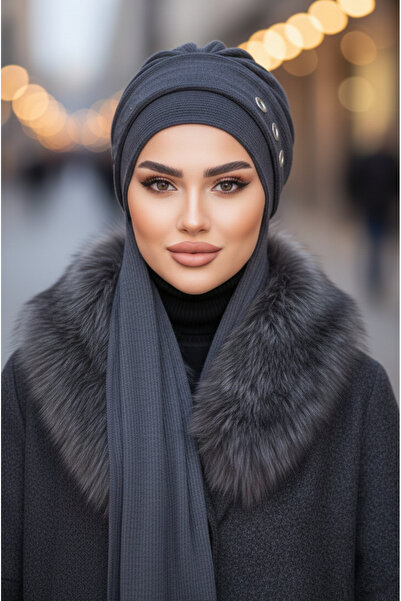 Aişe tesettür Anthracite Metal Detailed Winter Scarf Bonnet