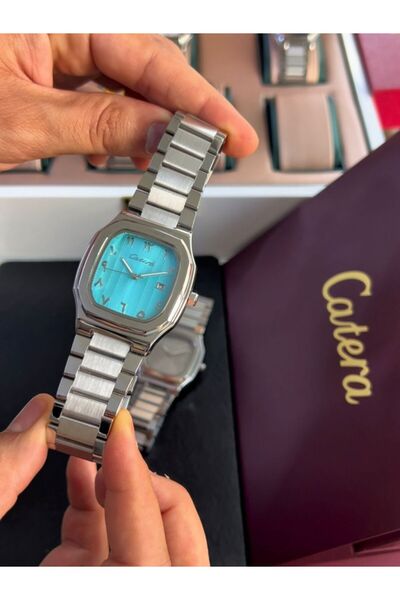 catera Limited-time offer: Men's stainless steel watches, silver case, gray and silver dial, sky blue dial, Arabic numerals