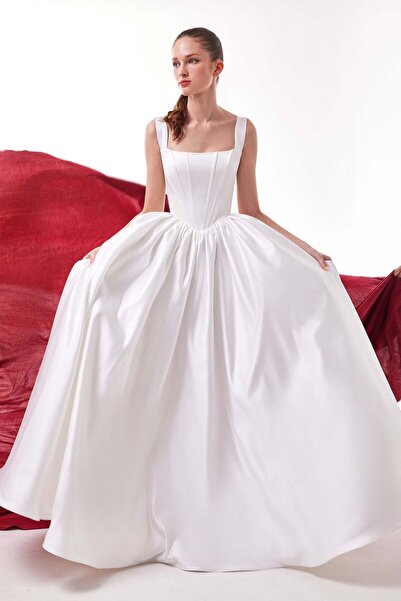 bontesel Satin Square Neckline Corset Satin Wedding Dress