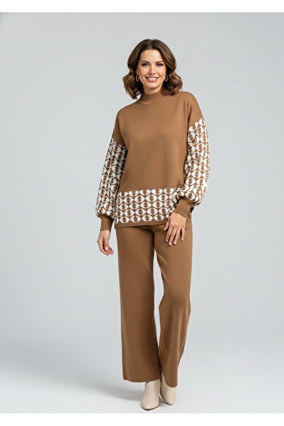 YusGos Women's Geometric Patterned Bottom Top Pants Sweater Knitwear Set