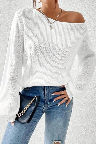 Mossta Off-Shoulder Boat Neck Knit Sweater Blouse - White