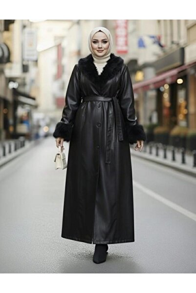 Hb Harma Time Butik Kadın Yakası Tüylü Kuşaklı İçi Astarlı Tesettür Deri Siyah Kap