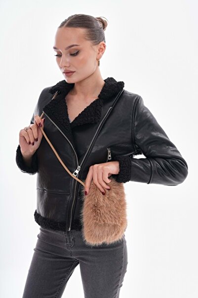 ibeeka Mini geantă de pluș de culoare cămilă, căptușită cu catifea interioară...