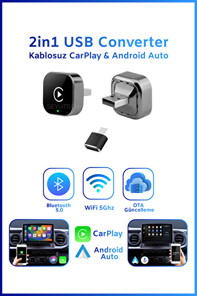 SEYUTECH Usb 2in1 Converter Kablosuz CarPlay Apple ve Android USB ve Type-C Uyumlu Araç Wireless Dönüştürücü