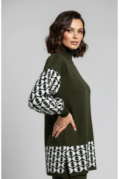 YusGos Women's Geometric Patterned Bottom Top Pants Sweater Knitwear Set