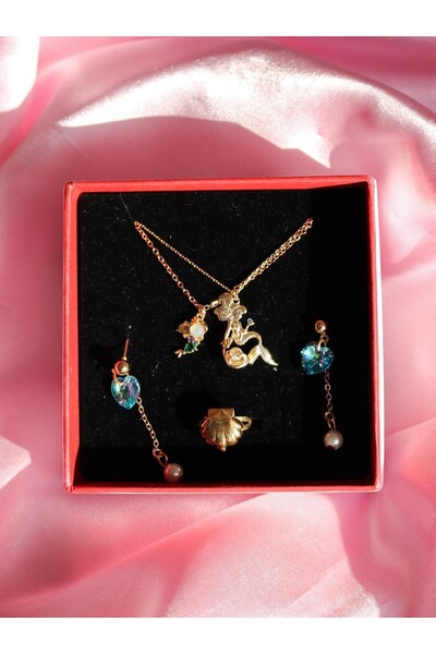 Reorah Collection Ariel Prenses Baby Kolye, Küpe, Yüzük ve 925 Gümüş Ariel Ko...