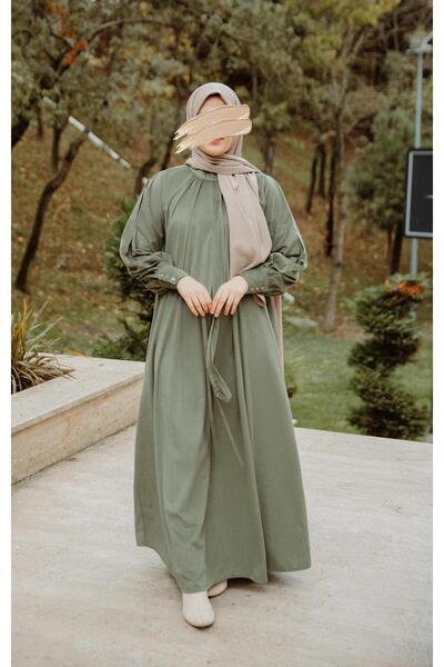 H HİJAB CENTER Khaki Pleated Dress Nsr 5111