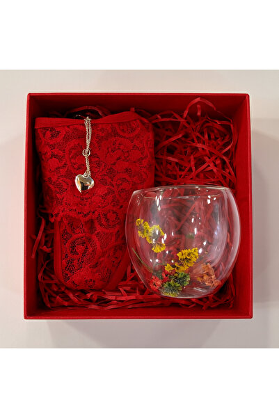 QUEENELA Yeni yıl hediye kutusu (kırmızı külot, çelik kolye, çift çidarlı kupa)