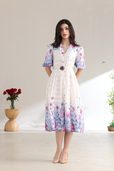 Verona Trading Company Striped chiffon midi dress with soft floral prints, puff sleeves, classic collar, and front buttons – elegant design