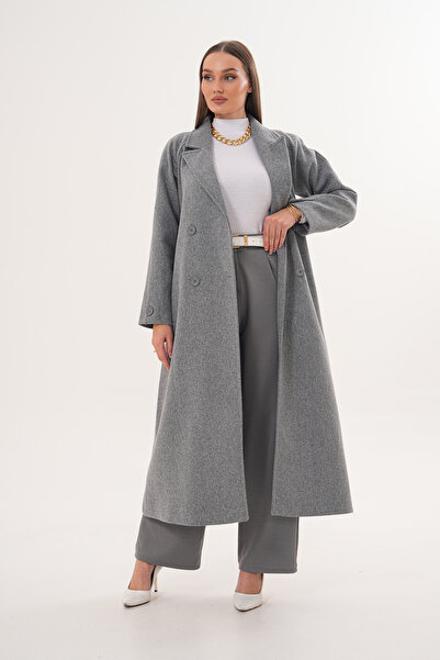 Pinpery Gray Belted Lined Wool Long Cashmere Coat