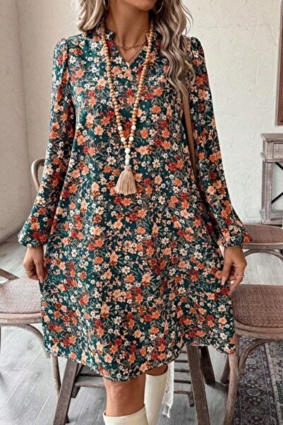 Mossta Φόρεμα με λαιμόκοψη σε σχήμα V με μακρύ μανίκι, άνετο κοντό φόρεμα με σχέδιο - με σχέδιο