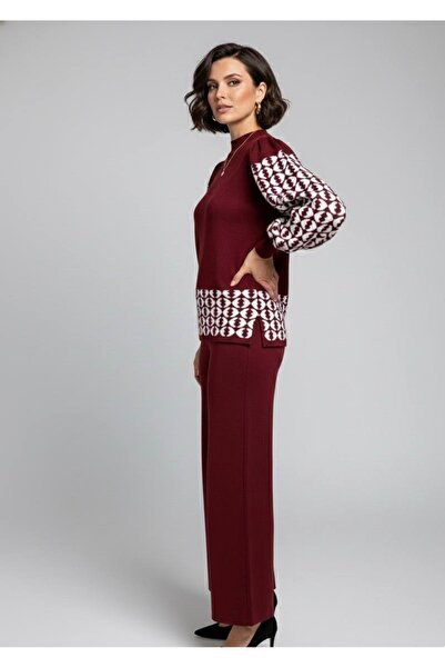 YusGos Women's Geometric Patterned Bottom Top Pants Sweater Knitwear Set