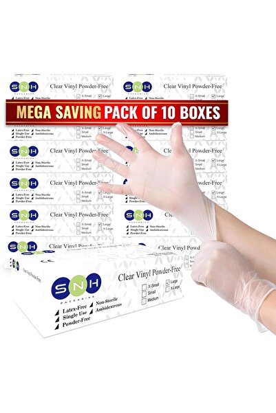 SNH Packing Disposable Vinyl Gloves, 100 Per Pack, Powder-Free, Latex-Free