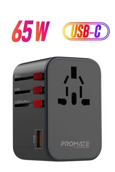 Promate محول سفر TripMate-GaN65 GaN بقدرة 65 وات مع منفذ تيار متردد، ومنفذي U...