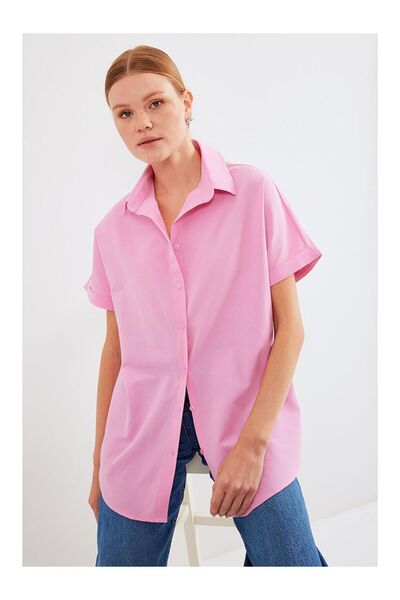 LC Waikiki 20120 Oversize Kısa Kollu Gömlek - Pembe