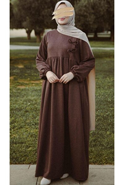 H HİJAB CENTER فستان بفيونكة بنية اللون Nsr 5109