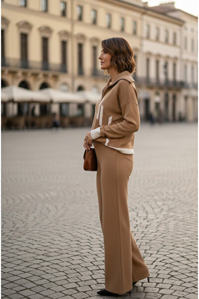 YusGos Women's Vertical Stripe Patterned Zippered Collar Bottom Top Pants Sweater Knitwear Set