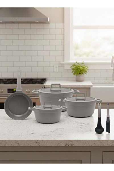 Procila 9-Piece Cast Aluminium Non-Stick Cookware Set – Grey (28/24/20cm casseroles, 26cm frypan,