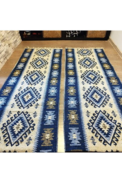 OEM 1+1 Traditional double-sided rugs, jute, size 60 x 180 cm, blue and cream, ROMB pattern