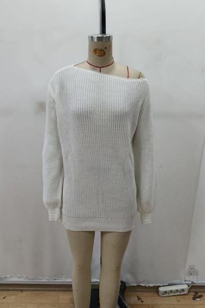 Mossta Off-Shoulder Boat Neck Knit Sweater Blouse - White