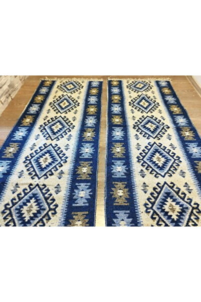 OEM 1+1 Traditional double-sided rugs, jute, size 60 x 180 cm, blue and cream, ROMB pattern