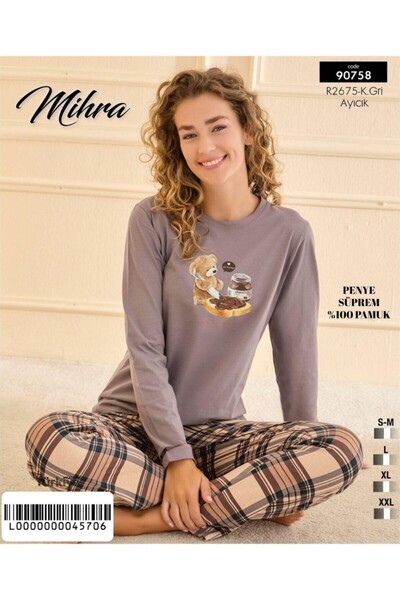 Mihra Gri Renkli Pamuklu Sıfır Yaka Uzun Kollu Kadın Pijama Takımı