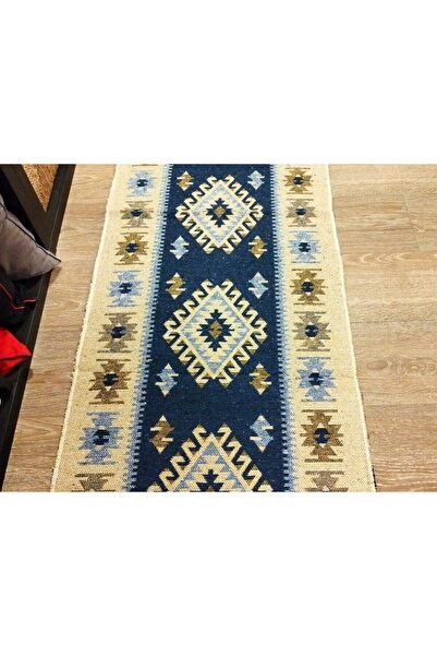 OEM Traditional woven jute rug, reversible, 60x180 cm, blue and cream, ROMB pattern