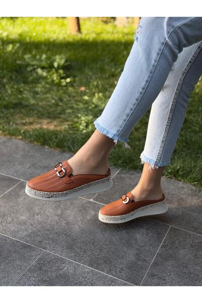 DİVA Taba Deri Ortopedik Tokalı Kadın Günlük Terlik
