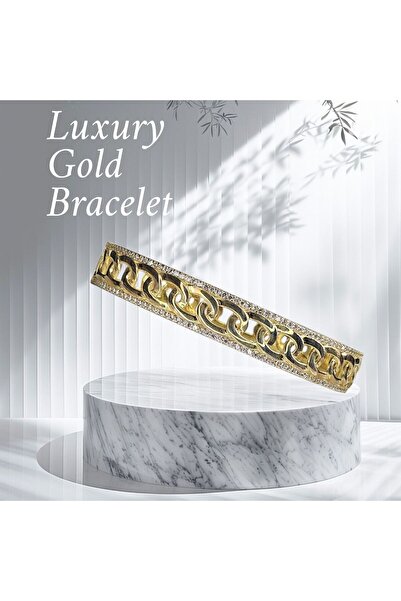 Sln Gümüş 14K Altın Kaplama Kalın Zincir Model Gümüş Kelepçe Bileklik