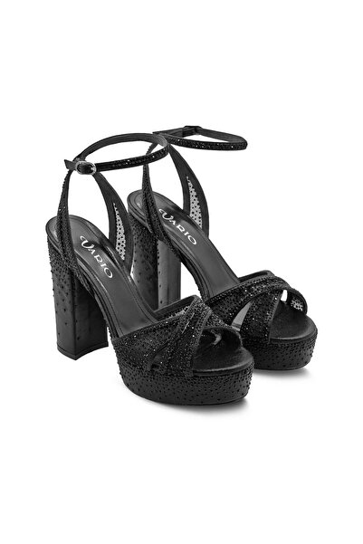 Vario Stone Detailed Platform Heeled Ankle Strap Shoes V07 Black Satin Stone (Black Satin Stone)