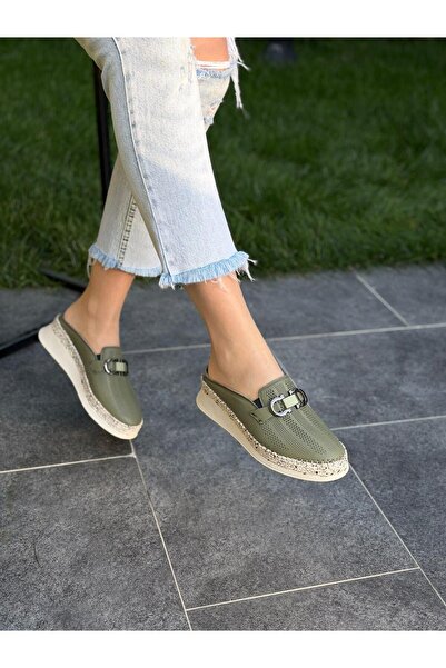 DİVA Yeşil Deri Ortopedik Tokalı Kadın Günlük Terlik