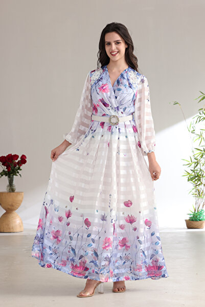 Verona Trading Company Striped chiffon maxi dress with a delicate floral print and embellished belt – elegant design with sheer sleeves and a wrap-style bodice