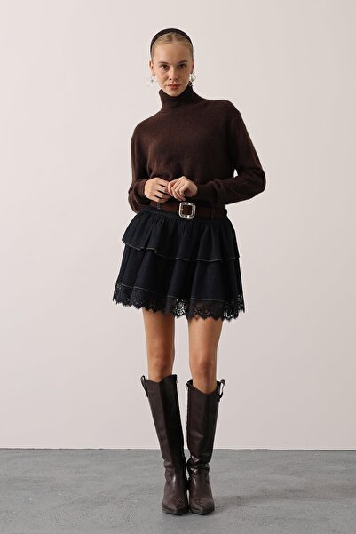 cemo Layered Denim Mini Skirt with Belt and Lace Detail
