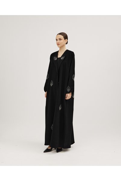 SOROSE SA Royal black crepe abaya, half-circle style, with white thread embroidery and beadwork.