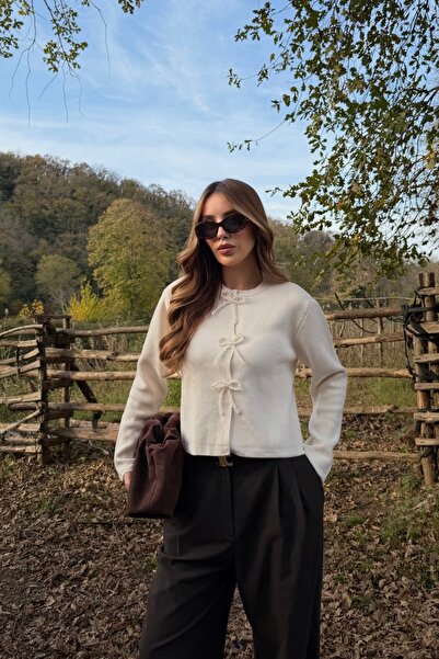 Laluvia Cream Bow Bead Detailed Cardigan - 251072