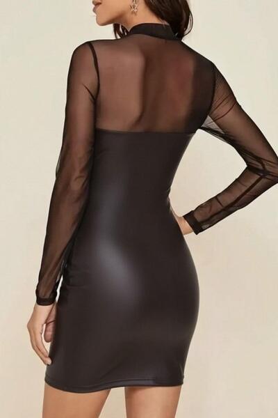 Mossta Μίνι φόρεμα από δερμάτινο λεπτό κορδόνι με μακρυμάνικο τούλι - καφέ