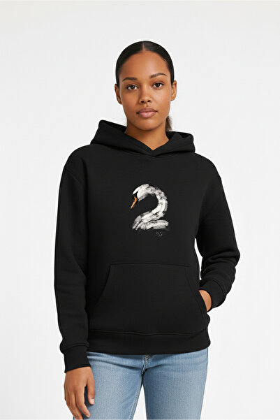 LORVEX سويت شيرت نسائي قصة فضفاضة بغطاء رأس 100% قطن KUĞU مطبوع