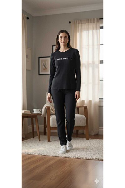 Sude kadın pijama takımı siyah renk alt ve üst takım