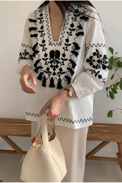 FEMELLE Women's White V-Neck Tassel Embroidered Authentic Blouse