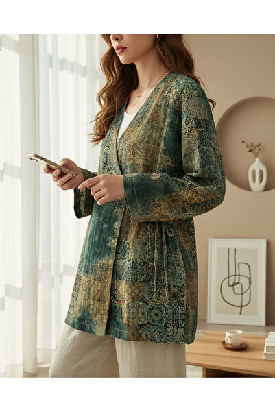 MissRunin Beli Bağlamalı Cepli Desenli Astarlı Kapitone Kimono