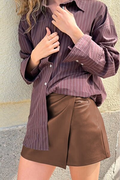 Duuf Kahverengi Kadın Deri Şort Etek df001