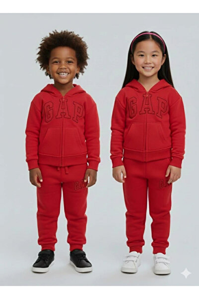 Kidmark Çocuk Modası Children's Unisex Hooded Brand Red 100% Cotton Bottom-Top Set