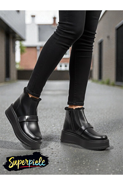 piele naturala Γυναικείες μπότες με μαύρη δερμάτινη επένδυση, φερμουάρ, διακο...