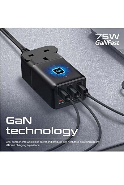 Promate 6-In-1 Multi-Port 75W GaNFast Power Extension With 3250W AC Socket Black