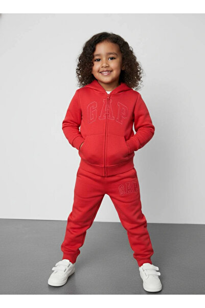 Kidmark Çocuk Modası Children's Unisex Hooded Brand Red 100% Cotton Bottom-Top Set