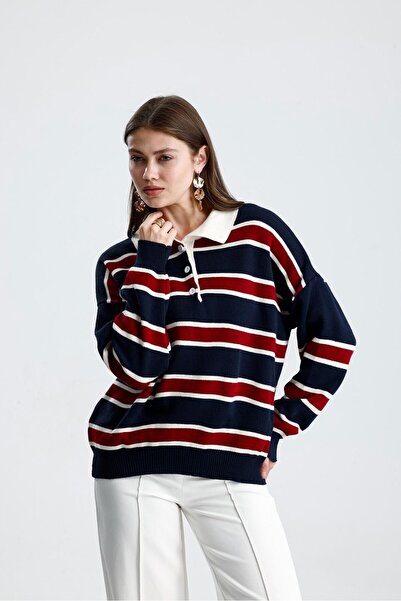 cemo Striped Polo Collar Oversize Knitwear Sweater