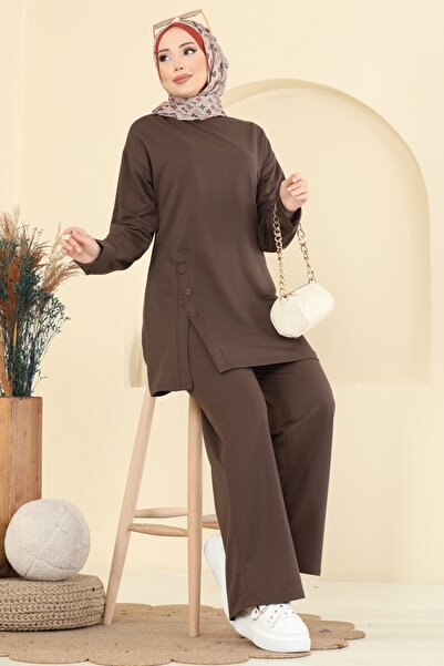 ModaMerve Yırtmacı Aksesuar Düğmeli Takım PL9181-MS Kahve