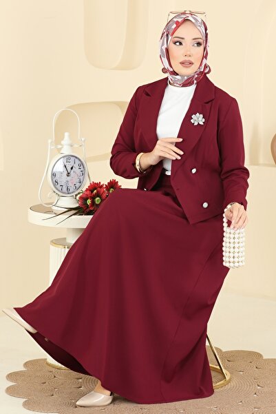 ModaMerve Eteği Piliseli Ceketli Takım 2775SL432-MS Bordo